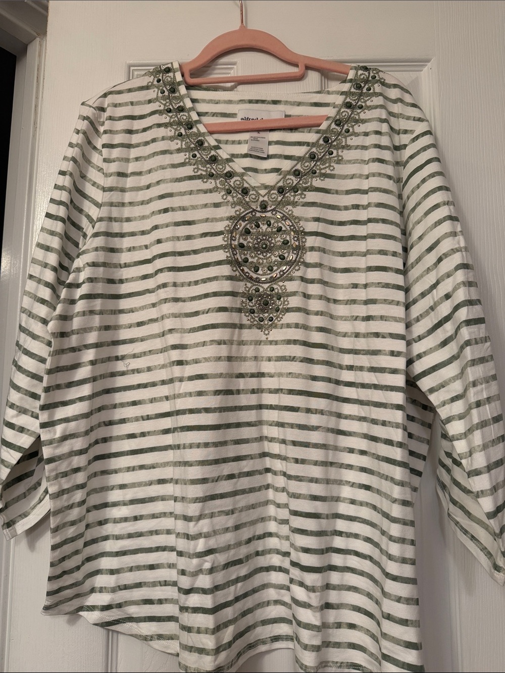 Alfred Dunner White & Sage Green Striped Embellished V-Neck Tunic